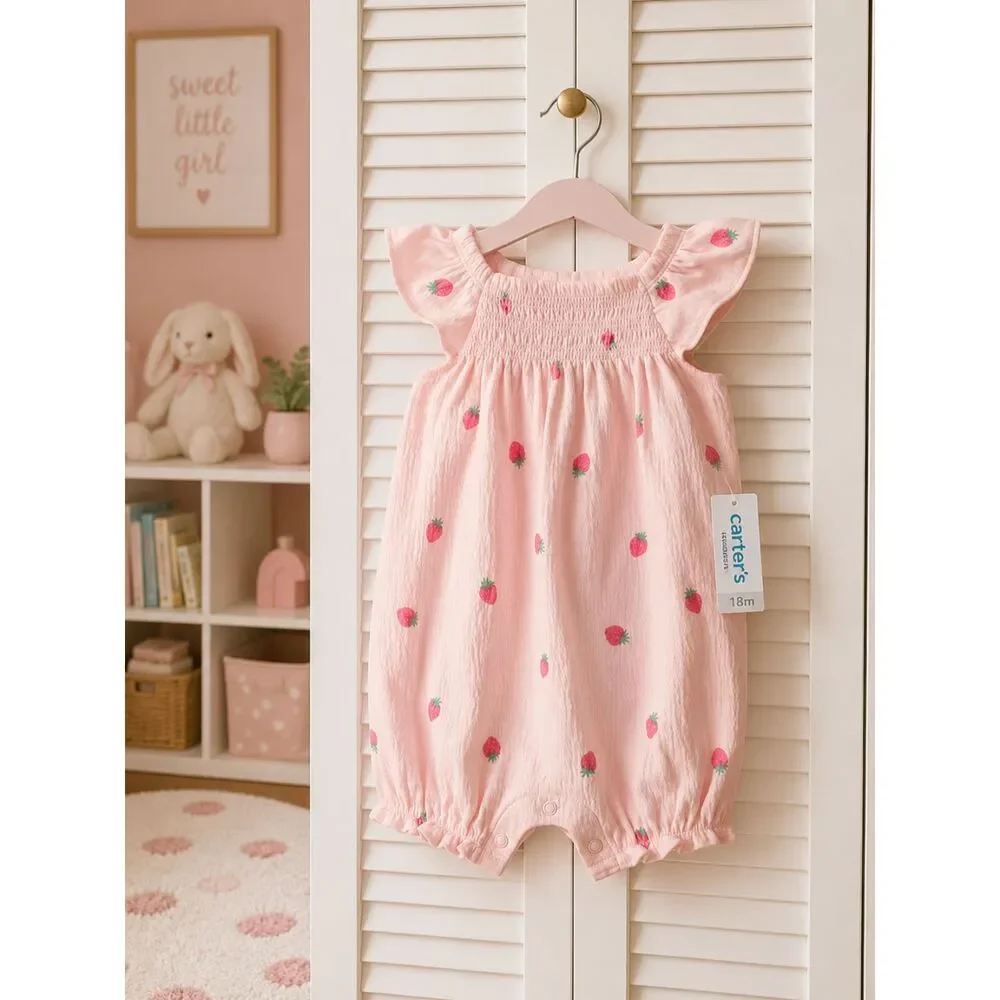 Carter's Baby Girls Pink Strawberry Romper 18M NWT Flutter Sleeve